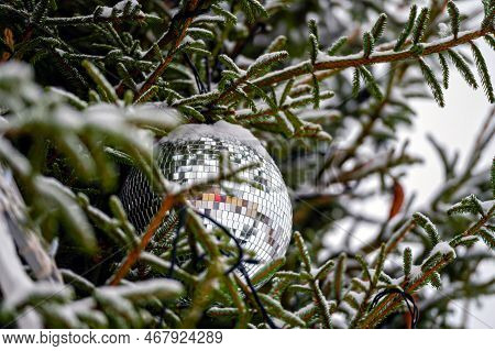 Christmas Disco Ball Decoration On A Snowy Fir Tree Branch. Selective Focus, Shallow Depth Of Field