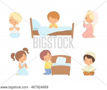 Little Kid Kneeling And Praying With Folded Hands Vector Set