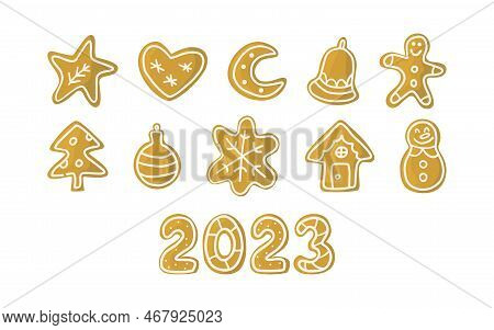 Gingerbread Set With Different Shaped Christmas Cookies. Vector Clipart Illustration.