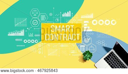 Smart Contract Theme With A Laptop Computer On A Yellow, Green And Blue Pattern Background