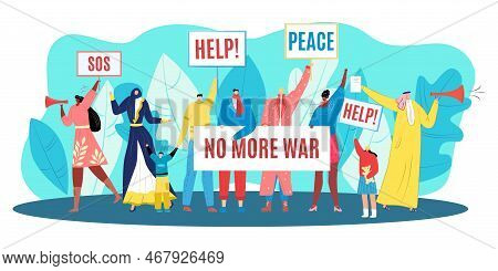 Protest For Peace, Demonstration Against Stop War, Vector Illustration. Man Woman People Character H