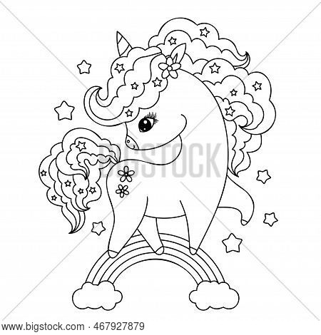 Unicorn On The Rainbow. Black And White Linear Illustration. For Dnt Design Of Coloring Books, Print