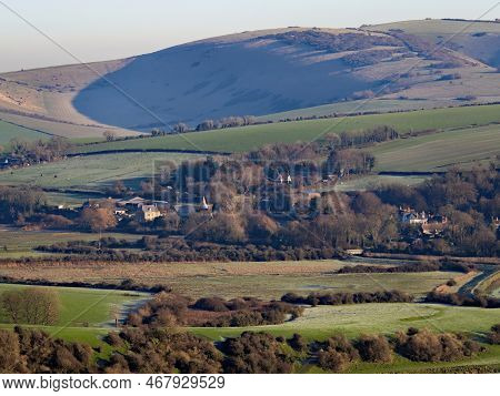 Village Of Litlington In East Sussex, From High And Over Across To Windover Hill.