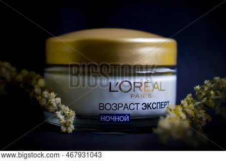 September 24, 2022 Ukraine City Kyiv Cosmetic Face Cream From The Company Loreal On A Dark Backgroun