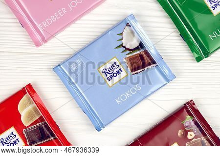 Kharkiv, Ukraine - December 8, 2020: Ritter Sport Chocolate Product. Ritter Sport Company Was Founde