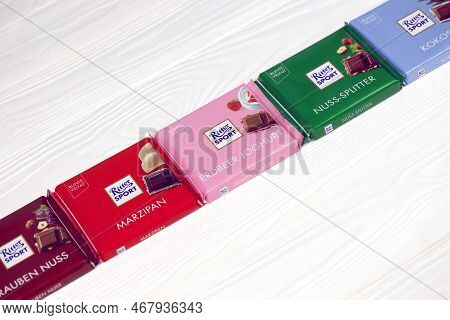 Kharkiv, Ukraine - December 8, 2020: Ritter Sport Chocolate Product. Ritter Sport Company Was Founde