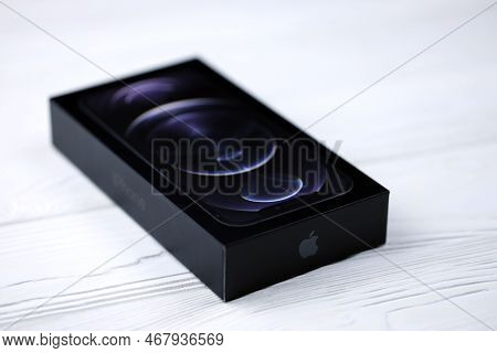 Kharkiv, Ukraine - January 27, 2021: Box Of Apple Iphone 12 Pro New Brand Model Smartphone With Ios 