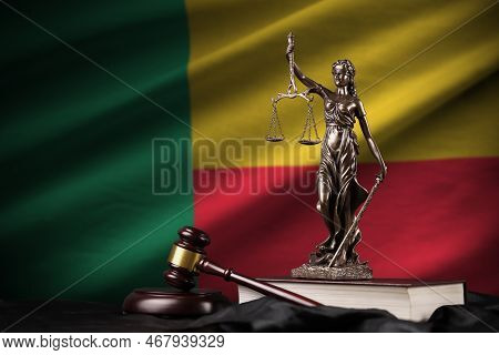 Benin Flag With Statue Of Lady Justice, Constitution And Judge Hammer On Black Drapery. Concept Of J