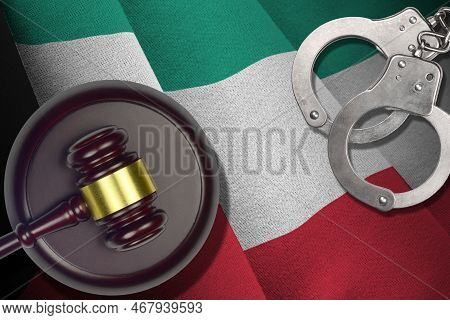 Kuwait Flag With Judge Mallet And Handcuffs In Dark Room. Concept Of Criminal And Punishment, Backgr