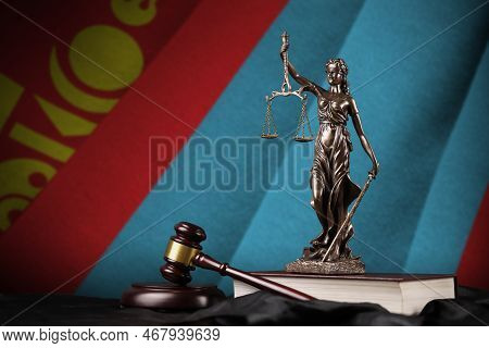 Mongolia Flag With Statue Of Lady Justice, Constitution And Judge Hammer On Black Drapery. Concept O