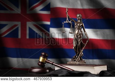 Hawaii Us State Flag With Statue Of Lady Justice, Constitution And Judge Hammer On Black Drapery. Co