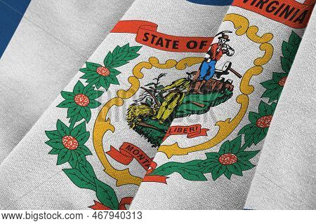 West Virginia Us State Flag With Big Folds Waving Close Up Under The Studio Light Indoors. The Offic