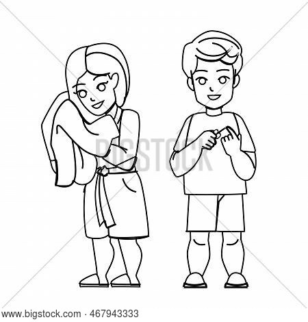 Hugiene Kid Line Pencil Drawing Vector. Child Clean, Bathroom Wash, Care Girl, Healthy Hand, Boy Hea