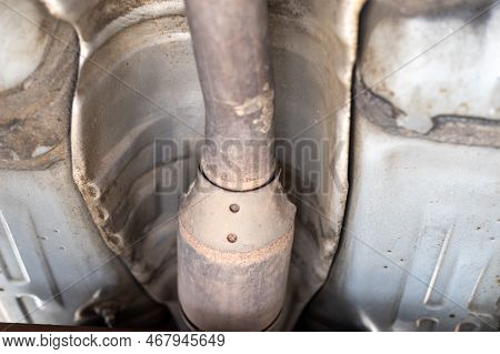 Exhaust Pipe And Catalyst System Closeup View In The Workshop