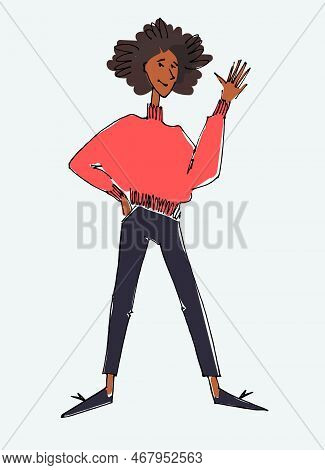 Figure Of A Young Woman Waving. Flat Style, Isolated Vector Element