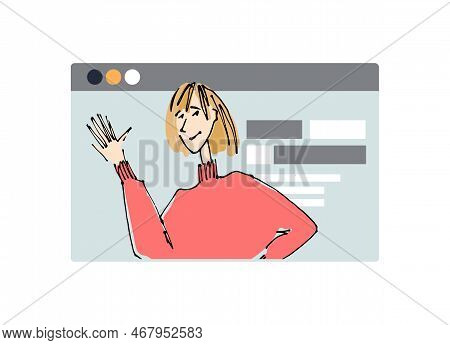 Young Girl In Front Of A Computer Screen. Flat Style, Isolated Vector Element