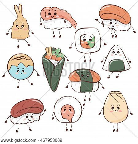 Set Funny Kawaii Asian Food. Dango, Tempura, Manju, Onigiri, Dim Sum Characters. Cute Cartoon Snack 
