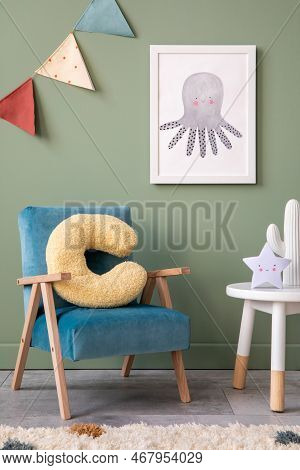 Stylish Composition Of Cozy Child Room Interior Design With Green Wall And Armchairs And Stool. Mock