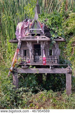 A Old Wooden Spirit House Or Joss House Built For Guardian Spirit To Reside For Protective Spirit Of
