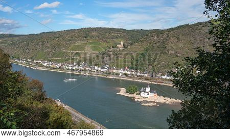 Kaub, Germany - October 5, 2021: Panoramic Image Of Castle Pfalzgrafenstein Close To The Rhine River
