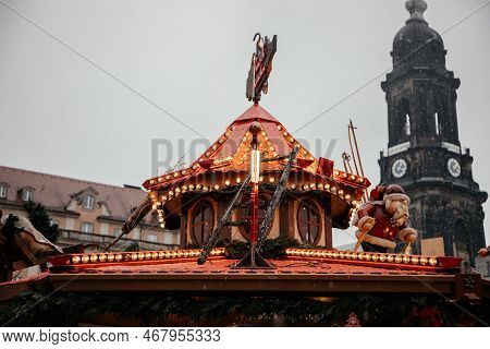 Dresden, Saxony, Germany, 10 December 2022: Christmas Outdoor Market Stall Decorations With Fairy C 