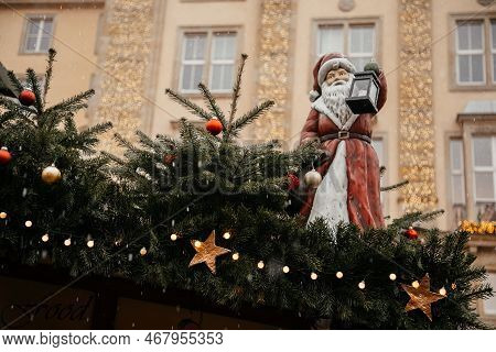 Dresden, Saxony, Germany, 10 December 2022: Christmas Outdoor Market Stall Decorations With Fairy C 