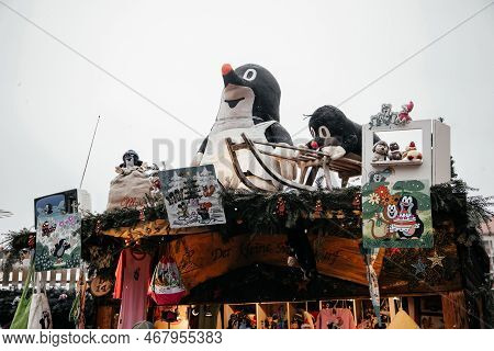 Dresden, Saxony, Germany, 10 December 2022: Christmas Outdoor Market Stall Decorations With Fairy C 