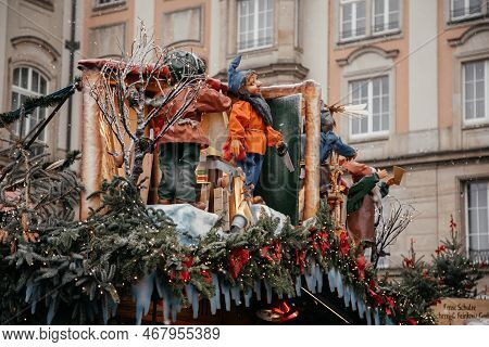 Dresden, Saxony, Germany, 10 December 2022: Christmas Outdoor Market Stall Decorations With Fairy C 