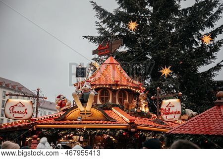 Dresden, Saxony, Germany, 10 December 2022: Christmas Outdoor Market Stall Decorations With Fairy C 