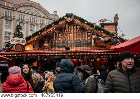 Dresden, Saxony, Germany, 10 December 2022: Christmas Outdoor Market Stall Decorations With Fairy C 