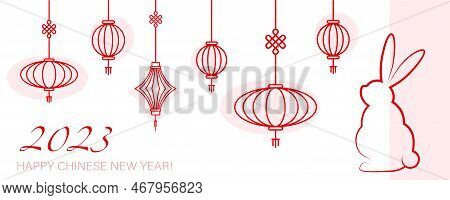 Chinese New Year Postcard With Rabbit And Lanterns In A Red Line Art, Vector Illustration, Invitatio