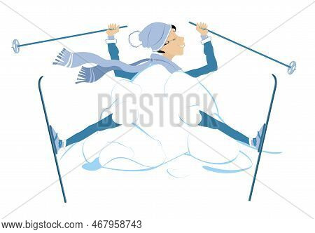 Young Skier Woman And A Big Snowdrift Illustration. 
Skiing Young Woman. Skier Woman Appears From Th