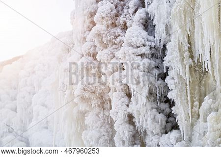 Frozen Small Mountain Waterfall Close Up. Frozen Jagala Falls, Estonia