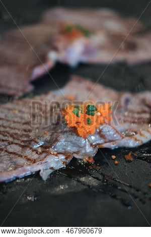 Grilled Sushi Wagyu Beef With Sweet Shoyu Sauce On Top With Ebiko Shrimp Eggs. Premium Grilled Beef 