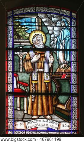 Karlovac, Croatia - July 06, 2012: St. Leopold Mandic, Stained Glass In The Parish Church Of St. Fra