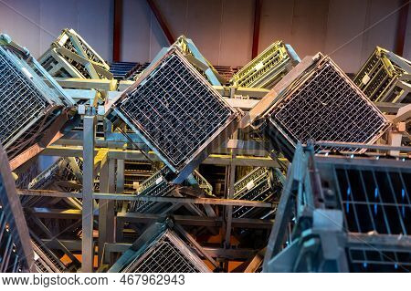 Production Of Cremant Sparkling Wine In Burgundy, France. Automatically Powered Riddling Remuage Box