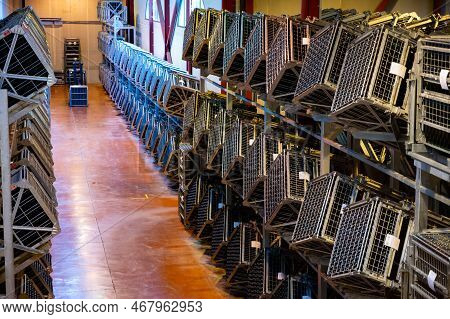 Production Of Cremant Sparkling Wine In Burgundy, France. Automatically Powered Riddling Remuage Box
