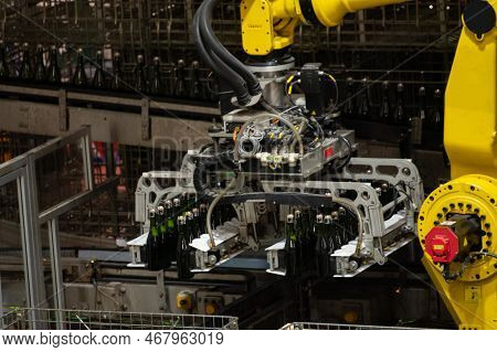 Production Of Cremant Sparkling Wine In Burgundy, France. Automatically Powered Bottling And Corking