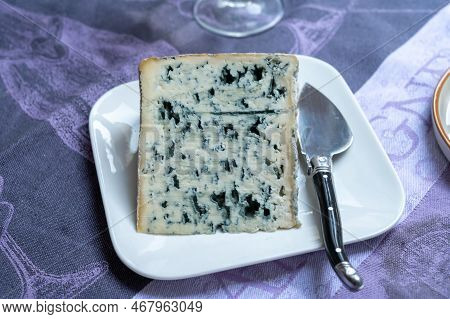 Piece Of Bleu De Laqueuille Semi-hard Aop French Blue Cheese Made From Raw Cow Milk