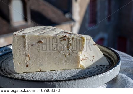 White Sheep Cheese With Aromatic Black Cumin Seeds Served Outdoor
