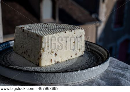 White Sheep Cheese With Aromatic Black Cumin Seeds Served Outdoor