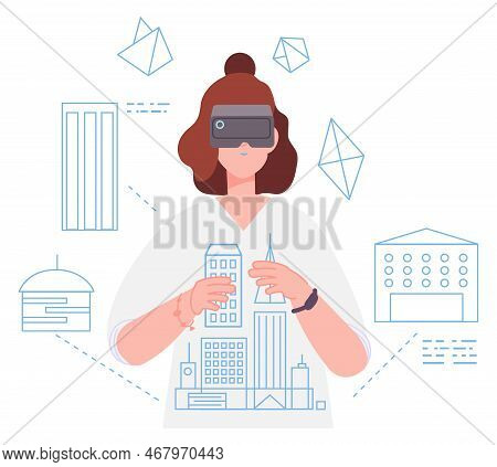 Woman Constructing Building In Virtual Reality. Future Archtect In Vr Headset Isolated On White Back