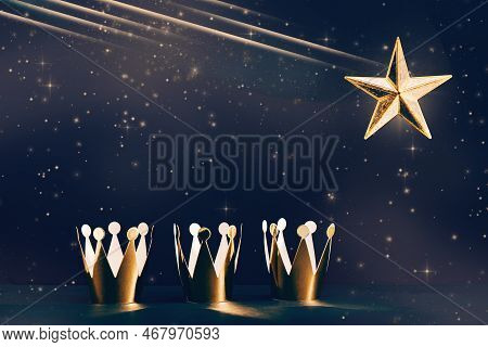 Three Shiny Crowns And A Star In The Sly. Epiphany And Three Kings Hilgay Calabration Night Banner