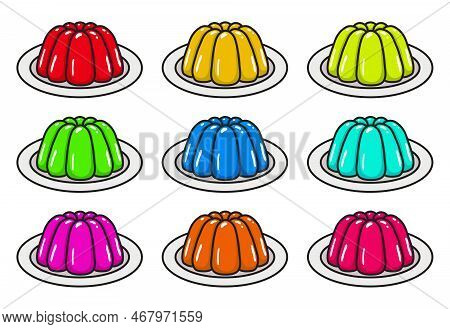 Vector Set Of Fruit Jelly In Plates. Mould Gelatin Puddings Isolated On White Background. Colorful D