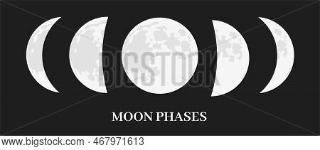 Vector Set Of Moon Phases Isolated On Black Background. Moonlight In Space Symbol. Astronomy Science