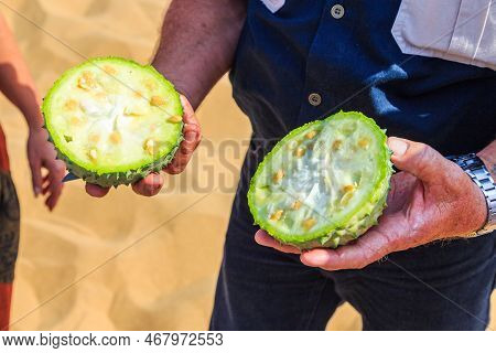 Sandwich Harbor, Namibia - 03 October 2018: African Horned Cucumber, Kiwano. An Annual Vine In The C