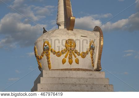Close Up Of A Stupa With Yellow Ornaments. Gandan Temple, Mongolia. Asia