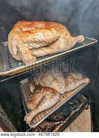 Spatchcocked Homemade Smoked Turkey Dinner For Thanksgiving
