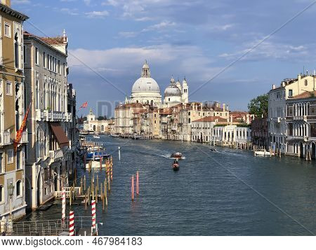 Venice, Italy - July 1, 2021: View To Canale Grande From Bridge Academia In Afternoon Sun In Venice,