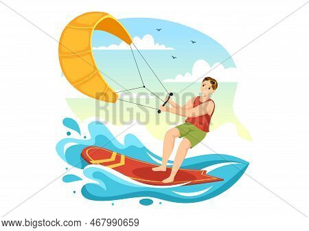 Kitesurfing Illustration With Kite Surfer Standing On Kiteboard In The Summer Sea In Extreme Water S